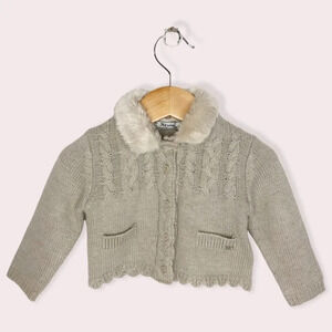 Mayoral cardigan sweater beige cable knit‎ angora blend faux fur collar 6 months